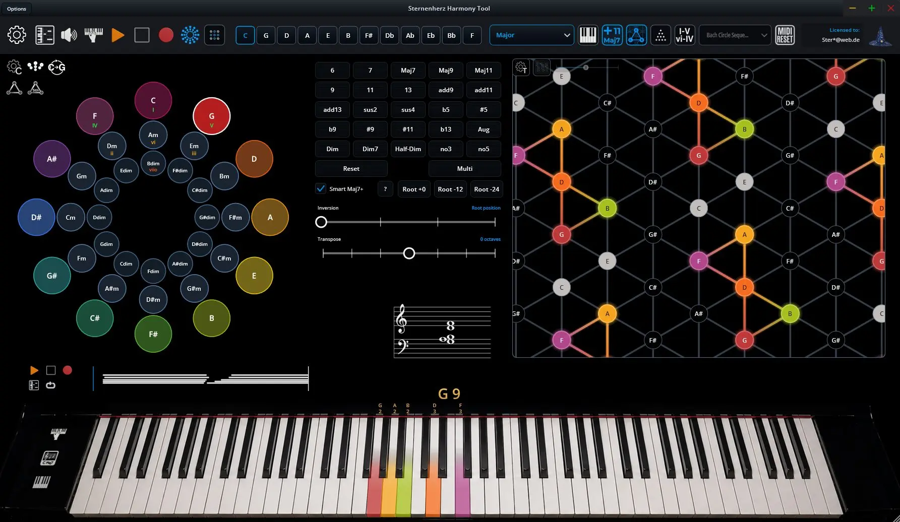 Sternenherz Harmony Tool interface with piano, circle of fifths, tonnetz and piano roll